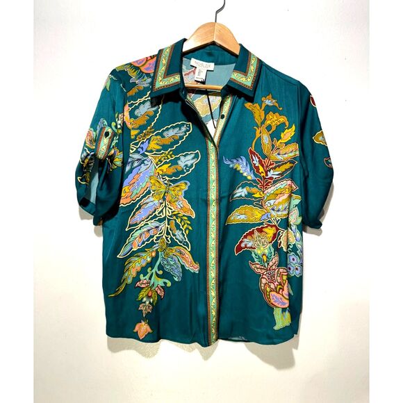 Rachel Zoe Tops - Rachel Zoe button up shirt tropical floral vacation resort green women L New